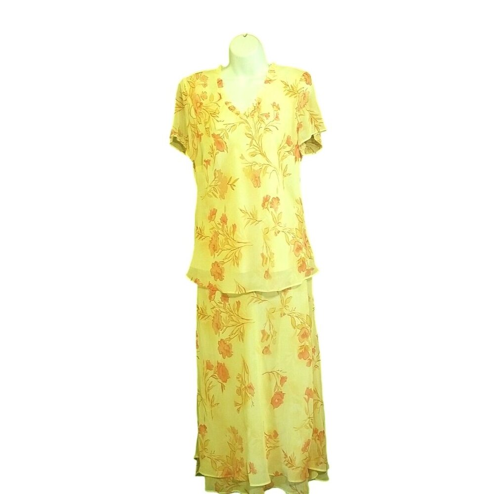 Meghan Matthews Vtg‎ Womens 12 Floral Print 2 Pc Dress Yellow Lined Skirt Top